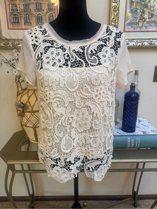 Adiva Tops - Adiva Cream Lace Crochet Overlay Sheer Short Sleeve Blouse With Cami Size Small